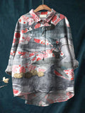 Vintage Lovely Sharks Cats Art Print Casual Cotton And Linen Shirt Multicolor / S