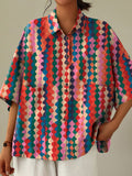 Colorful Geometric Printed Women’s Casual Cotton Linen Shirt Multicolor / S