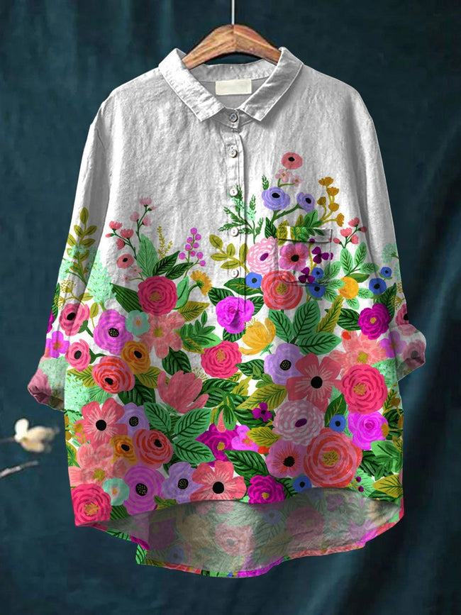 Women’s Flower Painting Art Print Casual Cotton And Linen Shirt Multicolor / S