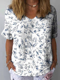 Women’s Blue Fresh And Elegant Floral Print Casual Cotton And Linen Shirt Multicolor / S