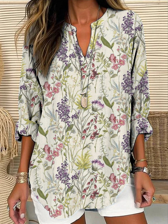 Women’s Elegant Colorful Floral Print Casual Linen V-Neck Shirt Multicolor / S