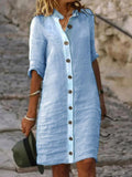 Women’s Spring Summer Mid-Sleeve Button Down Cotton And Linen Dress Blue / S