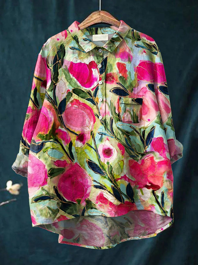 Women’s Floral Art Print Casual Cotton And Linen Shirt Multicolor / S