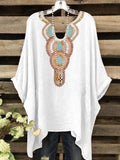 Women’s Ethnic Art Neckline Design Casual Top Colorful / S