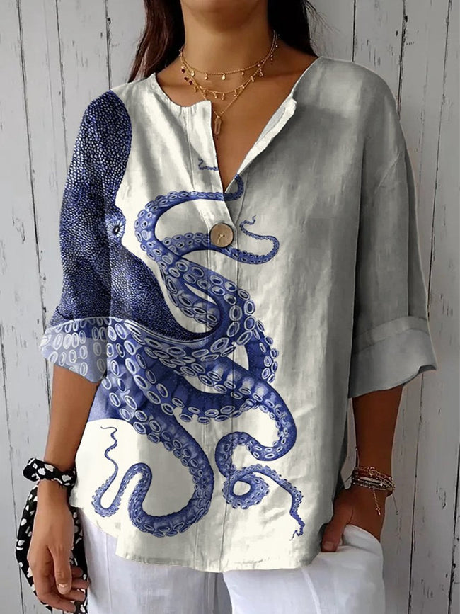 Women’s Deep Sea Octopus Tentacles Casual Cotton Linen Shirt Multicolor / S