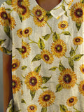 Women’s Chrysanthemum Pattern Print Casual Cotton And Linen Shirt