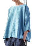 Women’s Solid Color Loose Elegant Casual Cotton And Linen T-Shirt Blue / S