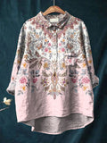 Women’s Pink European Retro Print Casual Cotton And Linen Shirt Multicolor / S