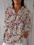 Women’s Red Pastoral Floral Print Casual Linen V-Neck Shirt Multicolor / S