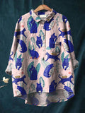 Lovely Cat Pattern Printed Women’s Casual Cotton And Linen Shirt Multicolor / S