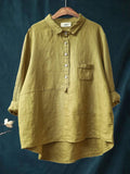 Women’s Lapel Neck Casual Solid Colour Cotton And Linen Long Sleeve Shirt Yellow / M