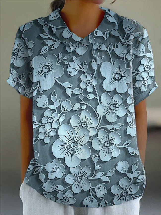 Women’s 3D Flower Print Casual Cotton And Linen Shirt Multicolor / S