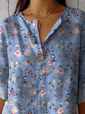 Spring Butterfly And Floral Pattern Printed Women’s Casual Cotton Linen Shirt