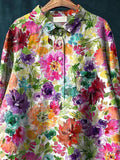 Lovely Watercolor Summer Floral Printed Women’s Casual Cotton And Linen Shirt