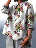 Women’s Vintage Lovely Pansies Art Print Casual Cotton And Linen Shirt