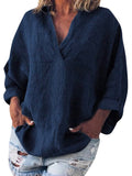 Women’s Solid Color Cotton And Linen V-Neck Long Sleeve Blouse Navy / S