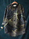 Line Drawing Dragonfly Decorative Pattern Casual Cotton And Linen Shirt Multicolor / S