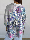 Blue-purple Gradient Flower Print Women's Print Casual Linen V-neck Shirt