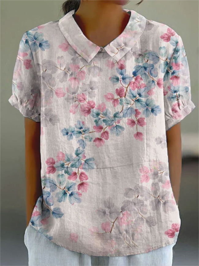 Women’s Flower Print Casual Cotton And Linen Shirt Multicolor / S