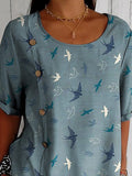 Lovely Swallow Pattern Printed Women’s Casual Cotton Shirt