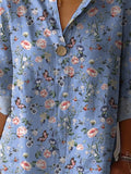 Spring Butterfly And Floral Pattern Printed Women’s Casual Cotton Linen Shirt