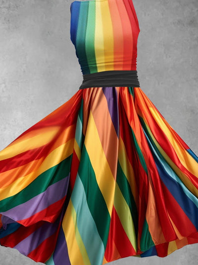 Women's Rainbow Stripe Art Pocket Design Maxi Dress
