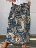 Women’s Retro Elegant Ethnic Art Pattern Print Linen Pocket Skirt Blue / S