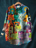 Women’s Retro Colorful Cat Illustration Print Casual Cotton And Linen Shirt Multicolor / S