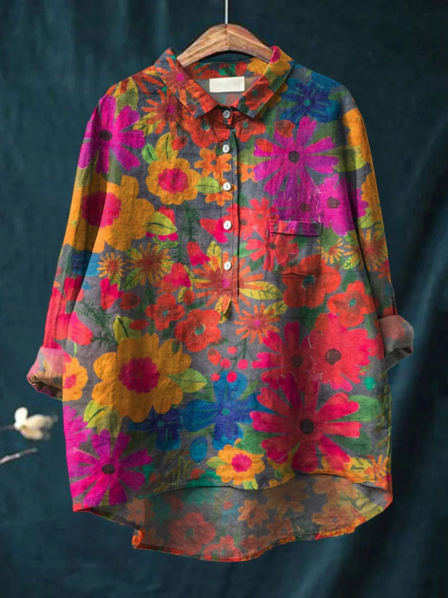 Women’s Vintage Flower Art Print Casual Cotton And Linen Shirt Multicolor / S