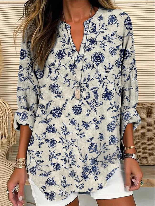 Women’s Dark Blue Floral Element Print Casual Linen V-Neck Shirt Multicolor / S