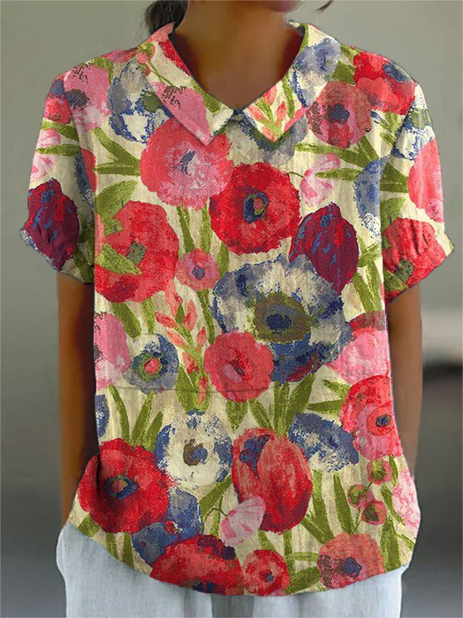 Women’s Flower Print Casual Cotton And Linen Shirt Multicolor / S