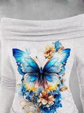 Women's Butterflies And Flowers Fall Art Print Off Shoulder Foldover Cinched Top