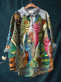 Vintage Funny Fish Art Print Casual Cotton And Linen Shirt Multicolor / S