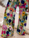 Women's Flower Printed Cotton And Linen Casual Pants