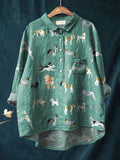 Vintage Lovely Dogs Art Print Casual Cotton And Linen Shirt Blue / S