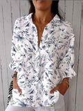 Women’s Blue Fresh Small Floral Print Casual Linen V-Neck Shirt Multicolor / S