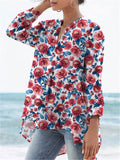 Watercolor Peony Repeat Pattern Printed Women’s Casual Linen V-Neck Shirt Multicolor / S