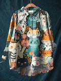 Vintage Lovely Cats Art Print Casual Cotton And Linen Shirt Multicolor / S