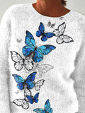 Illustration Art Butterfly Print Casual Knit Pullover Sweater