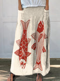 Women’s Red Fish Vintage Art Linen Pocket Skirt