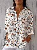 Women’s Simple Drawing Orange Flower Print Casual Linen V-Neck Shirt Multicolor / S