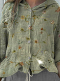 Women’s Vintage Floral Art Print Hooded Drawstring Linen Casual Blouse