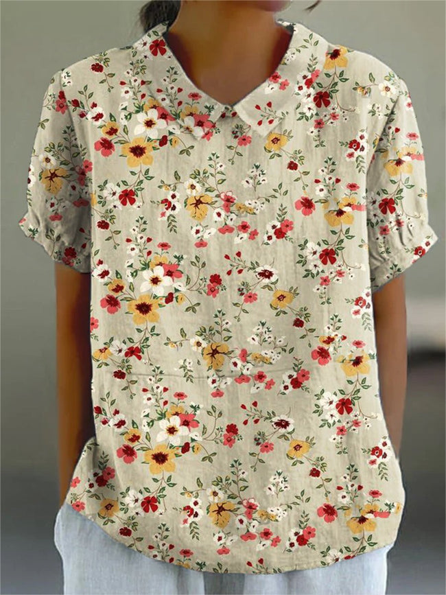 Women’s Flower Art Print Casual Cotton And Linen Shirt Multicolor / S