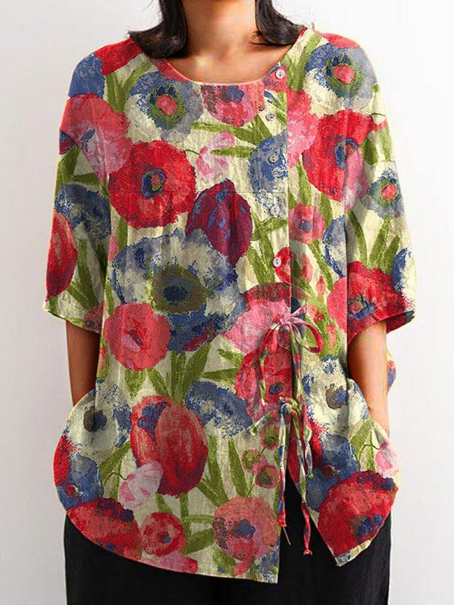 Women’s Flower Print Casual Cotton And Linen Shirt Multicolor / S