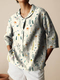 Women’s Vintage Floral Art Print Casual Linen Cotton 3/4 Sleeve Shirt Multicolor / S