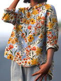 Women’s Red And Yellow Floral Print On Blue Background Casual Cotton And Linen Shirt