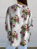 Women’s Vintage Lovely Pansies Art Print Casual Linen V-Neck Shirt