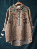 Western Style Horse Symmetrical Pattern Printed Women’s Casual Cotton And Linen Shirt Brown / S