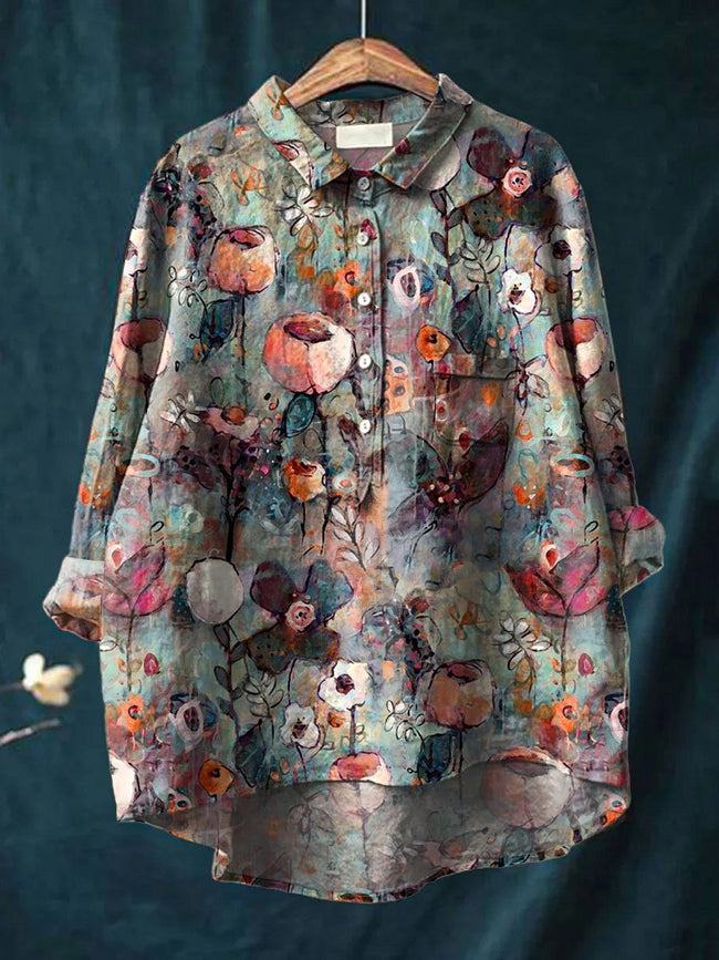 Women’s Flower Print Casual Cotton And Linen Shirt Multicolor / S