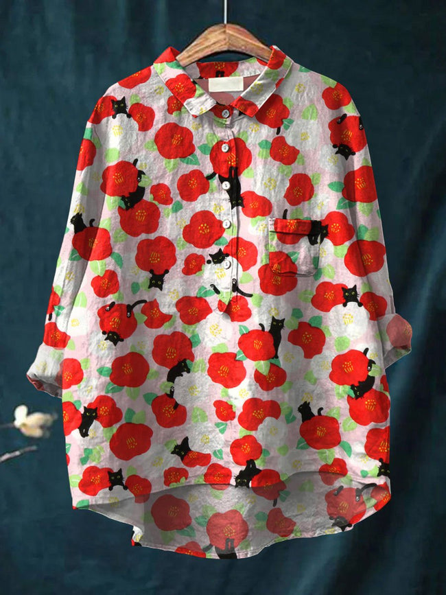 Women’s Cat Flower Print Casual Cotton And Linen Shirt Multicolor / S